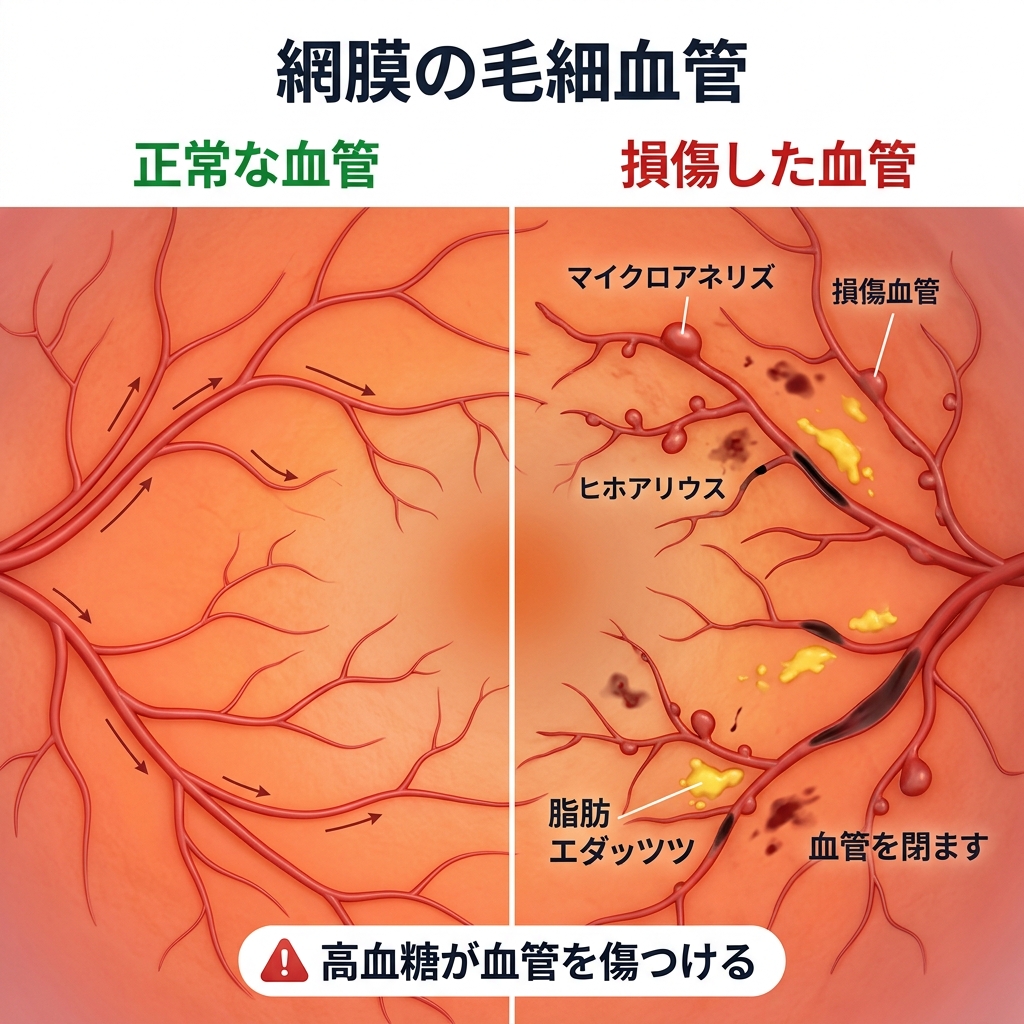 網膜の毛細血管ネットワークの図解