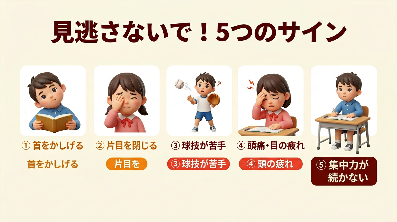 不同視のサインを示す5つのイラスト