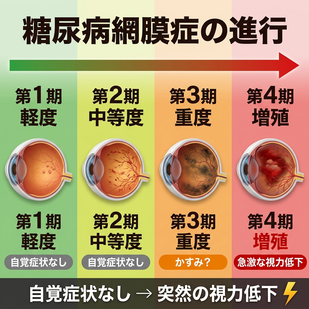 糖尿病網膜症の4つのステージを示す進行図