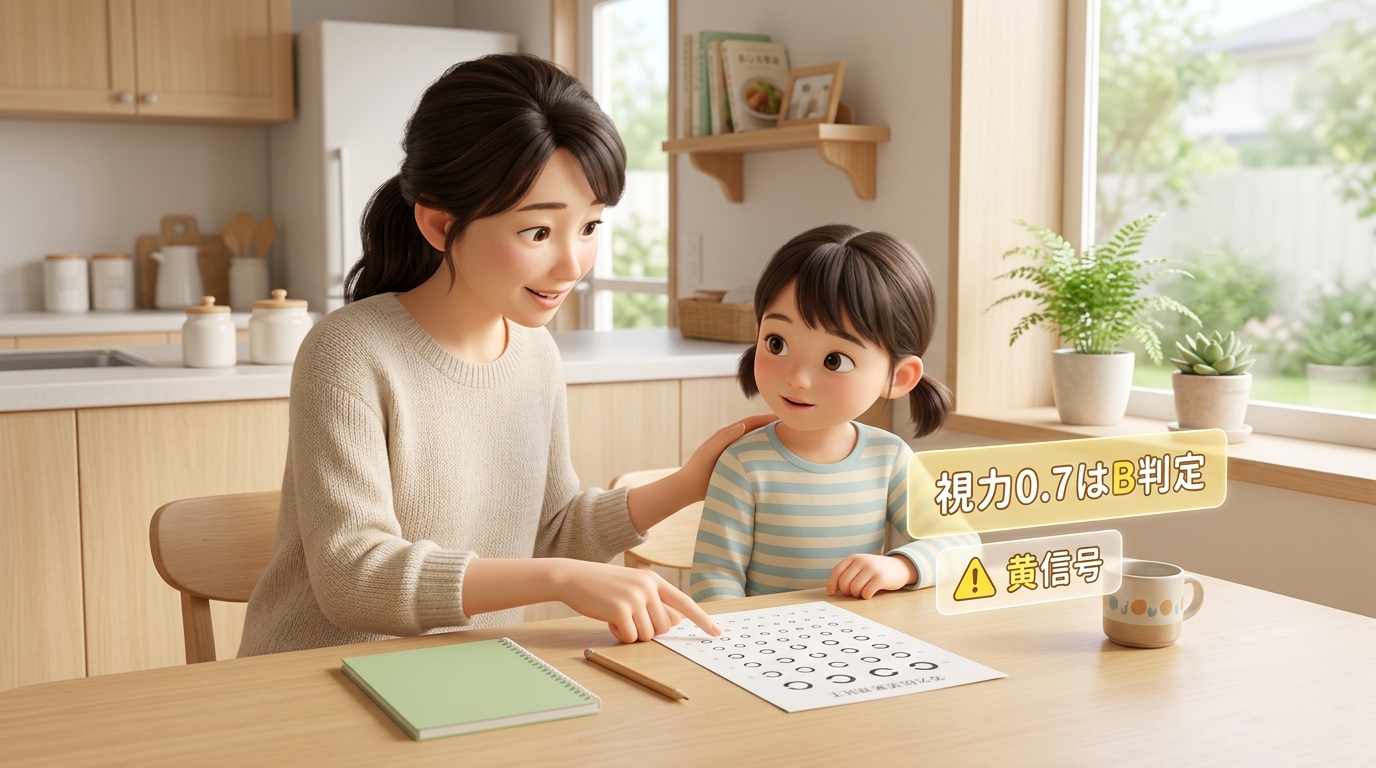 視力検査表を真剣に見つめる小学生の女の子と寄り添うお母さん