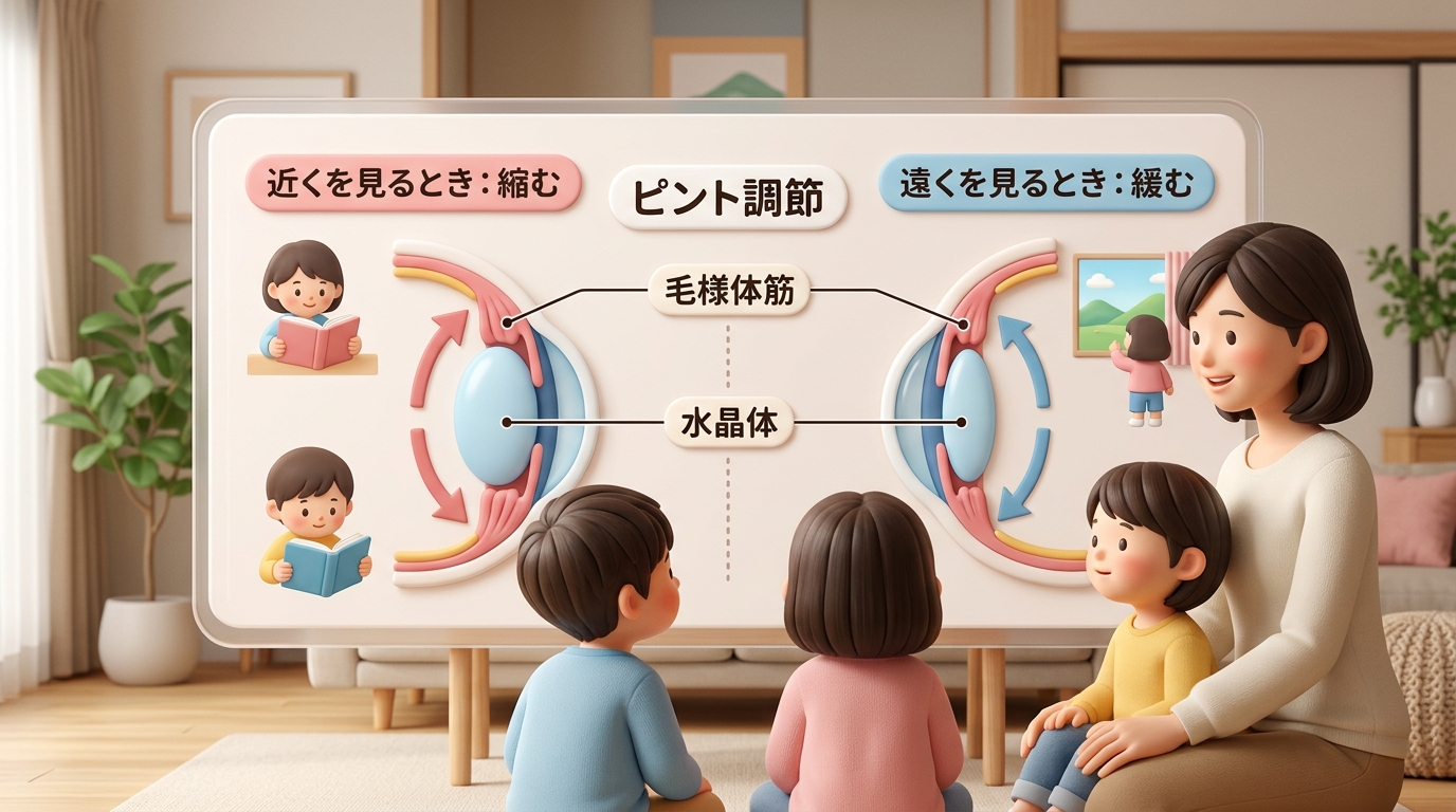 スマホを至近距離で見続ける若者と毛様体筋の疲労を示すイラスト