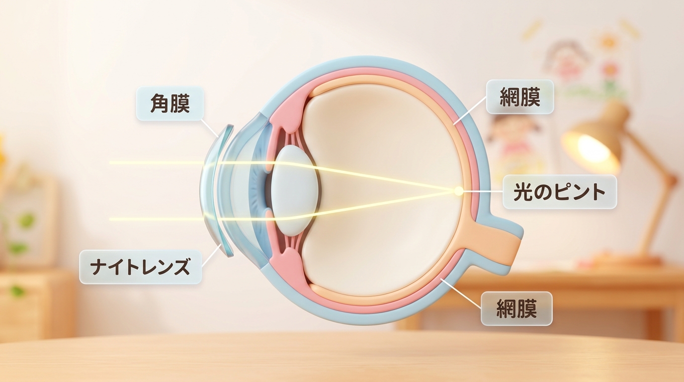 角膜の仕組み図：ナイトレンズが角膜を矯正する仕組みの解説イラスト