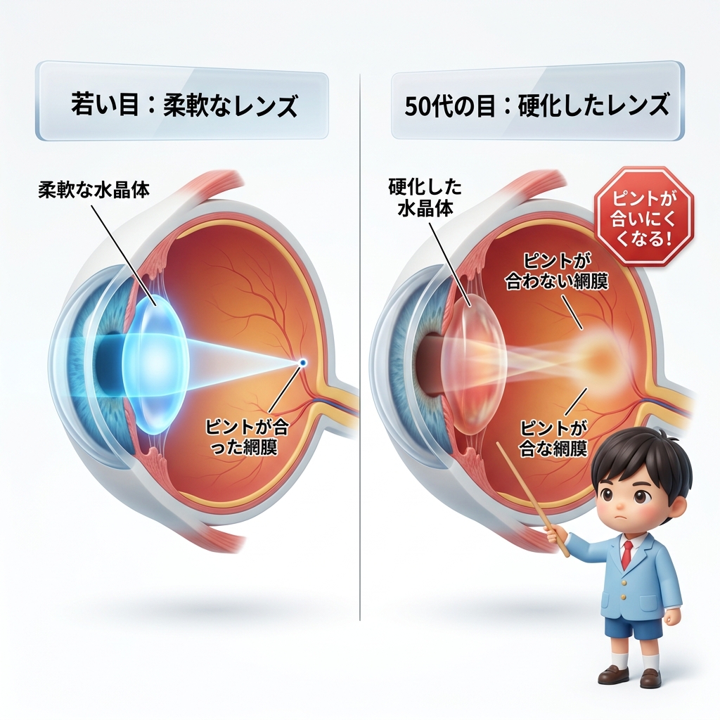 目の老化メカニズム（水晶体の硬化）