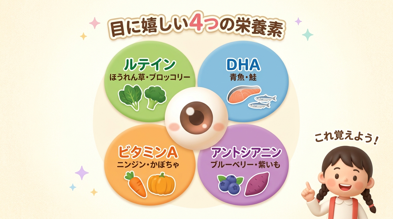 色とりどりの目に良い食材を眺める子供