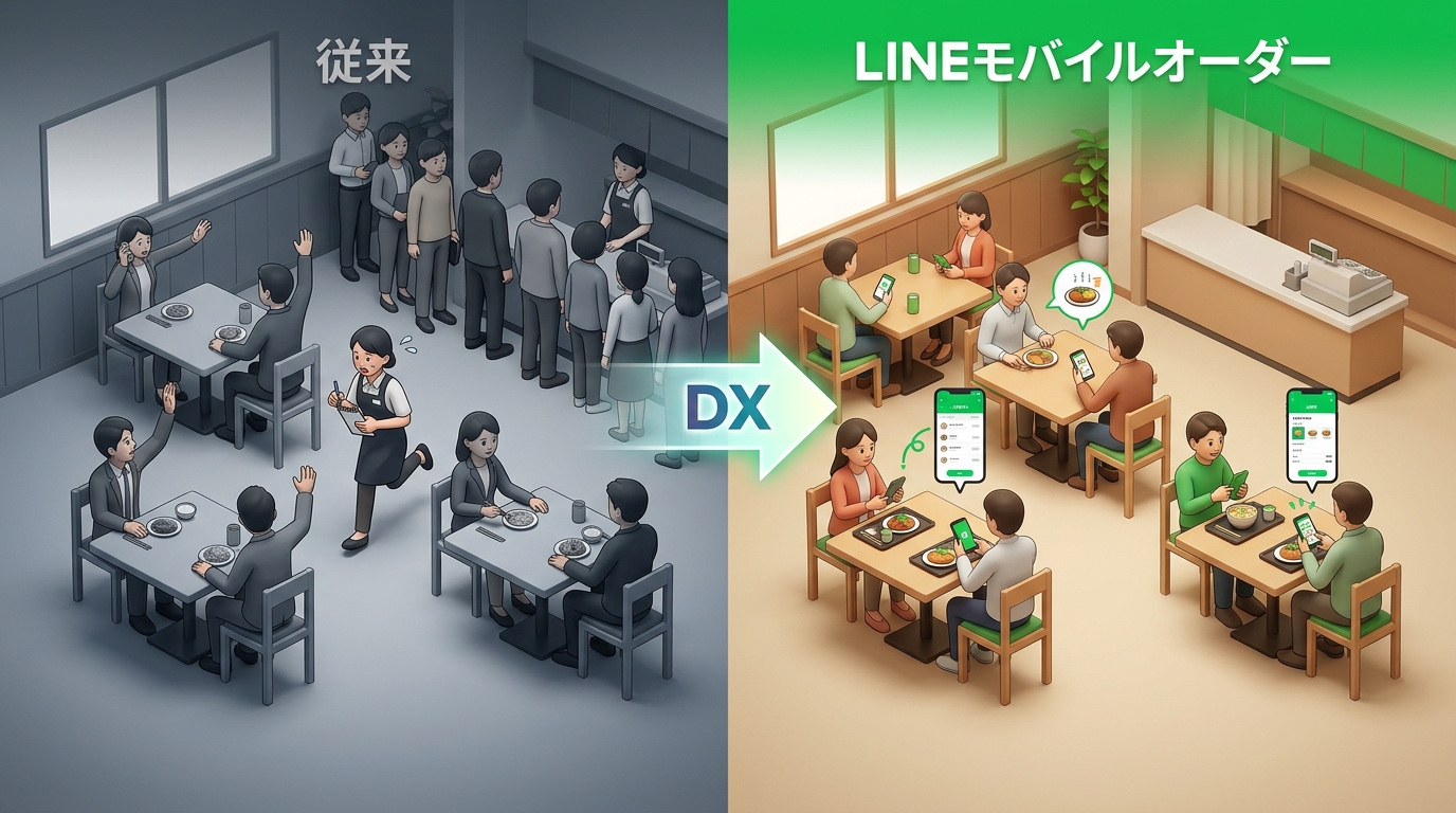 従来オペレーションとモバイルオーダーの比較図