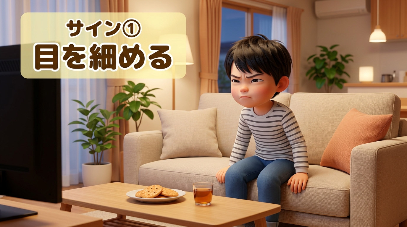 サイン①:テレビを見るときに目を細めている小学生