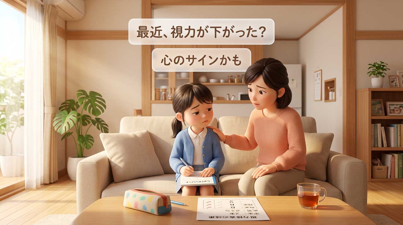 考え込む小学生と心配そうに見守るお母さんの様子