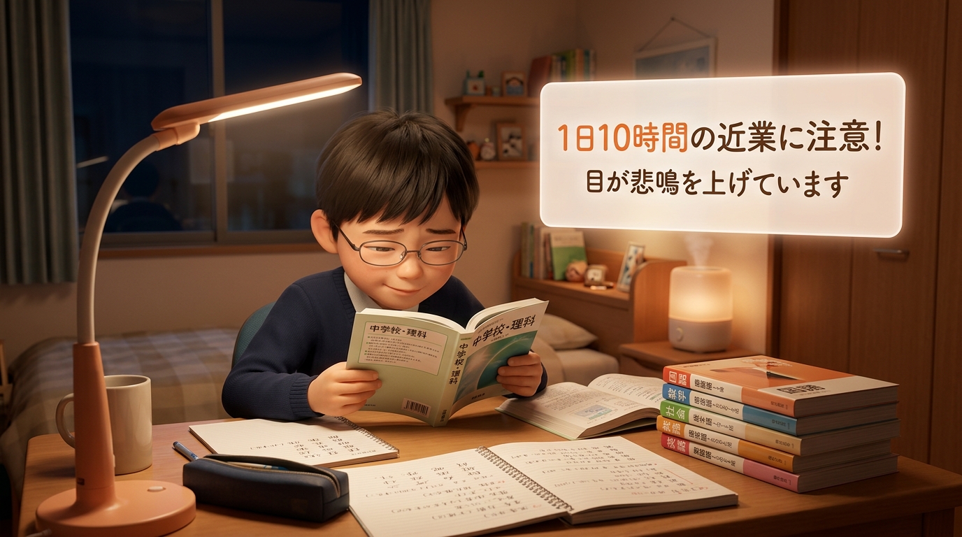 長時間の勉強で目が疲れる受験生のイメージ