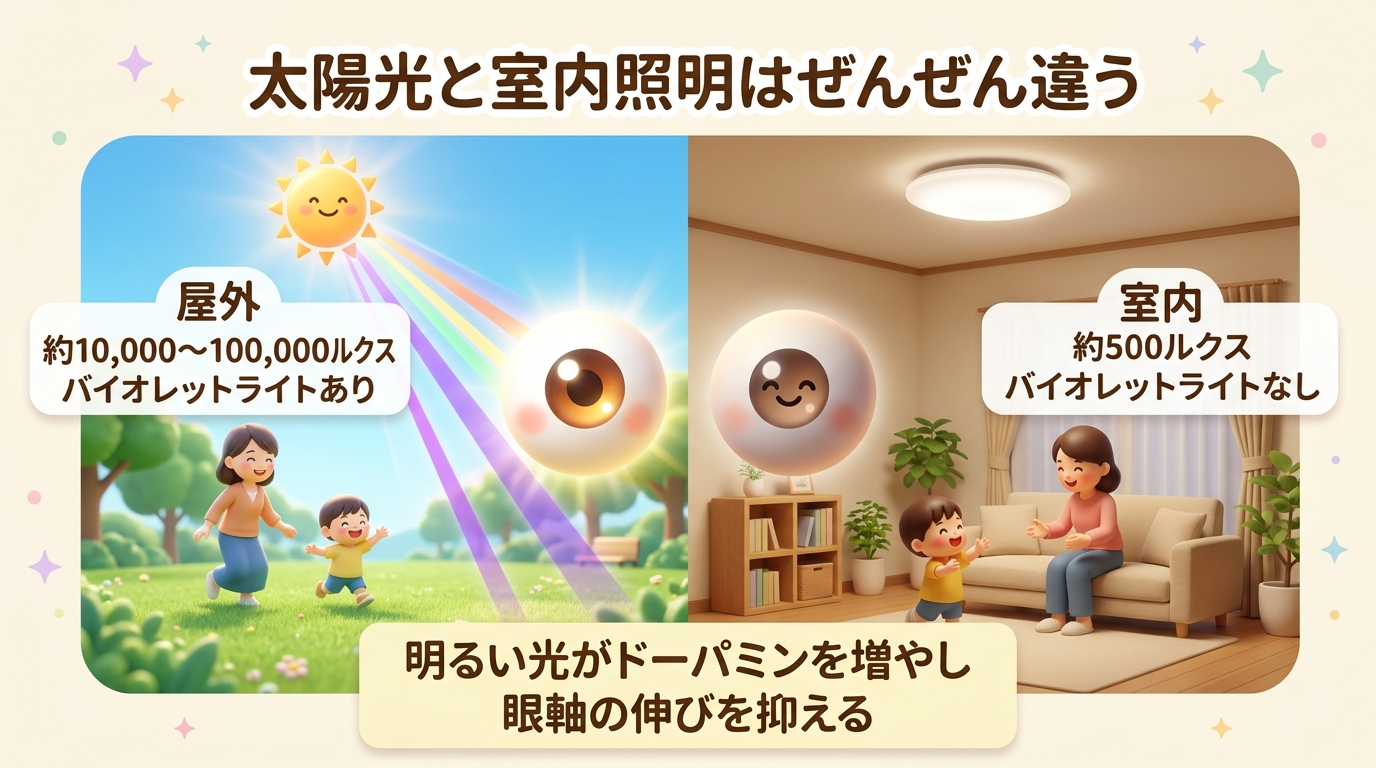 太陽光と室内照明の違いを示すイメージ