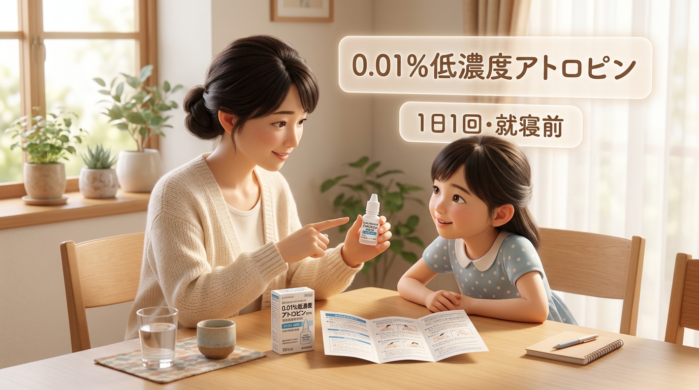 点眼ボトル「マイオピン」を手にお子さんに優しく説明するお母さん