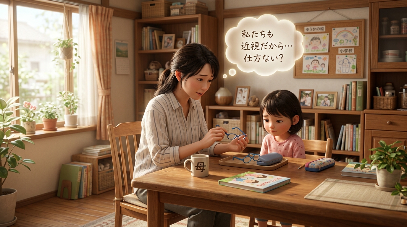 お母さんが子供のメガネを心配そうに見つめる風景