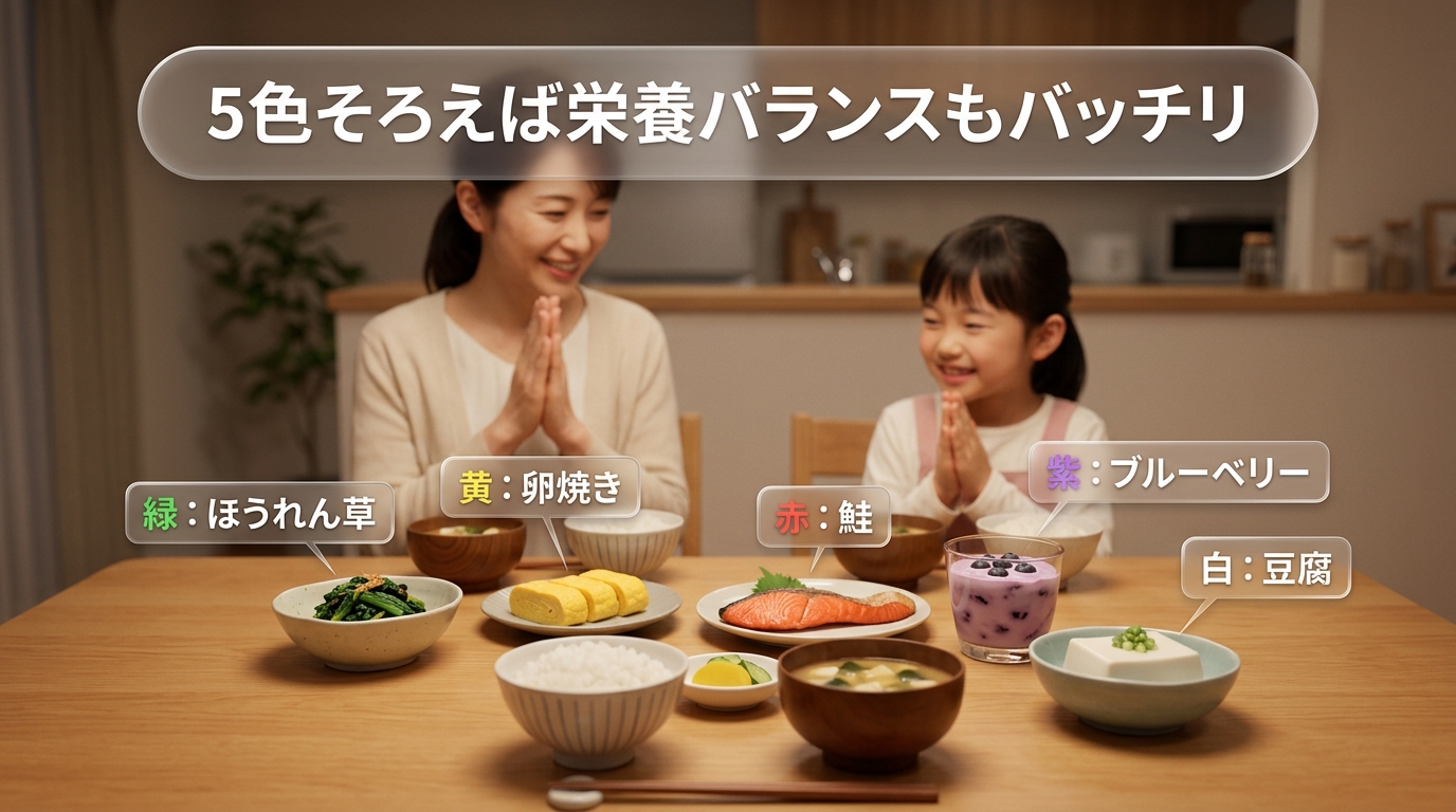 色とりどりの食材を彩りよく並べた家庭の食卓
