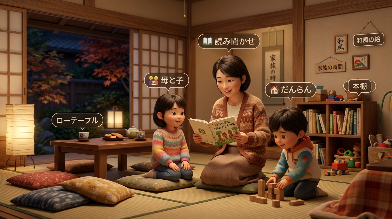 イラスト：エアコンの効いた部屋でタブレットに夢中になる子どもと、心配する母親の様子