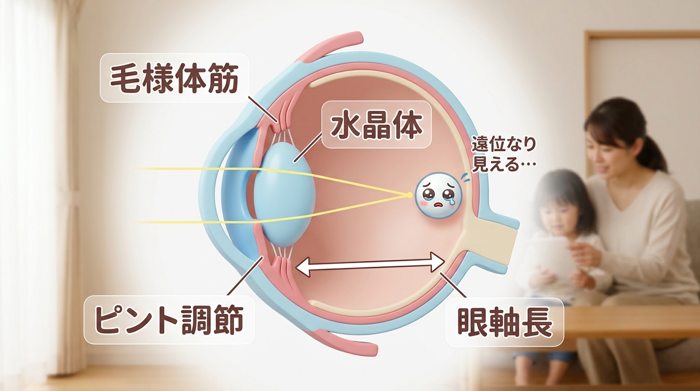 毛様体筋とピント調節の解説図