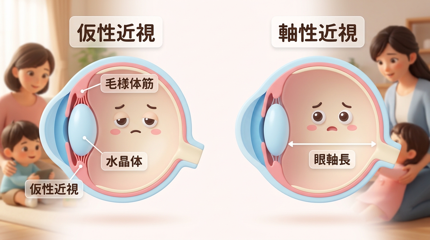 毛様体筋と眼軸長を比較解説する親しみやすい目の構造図