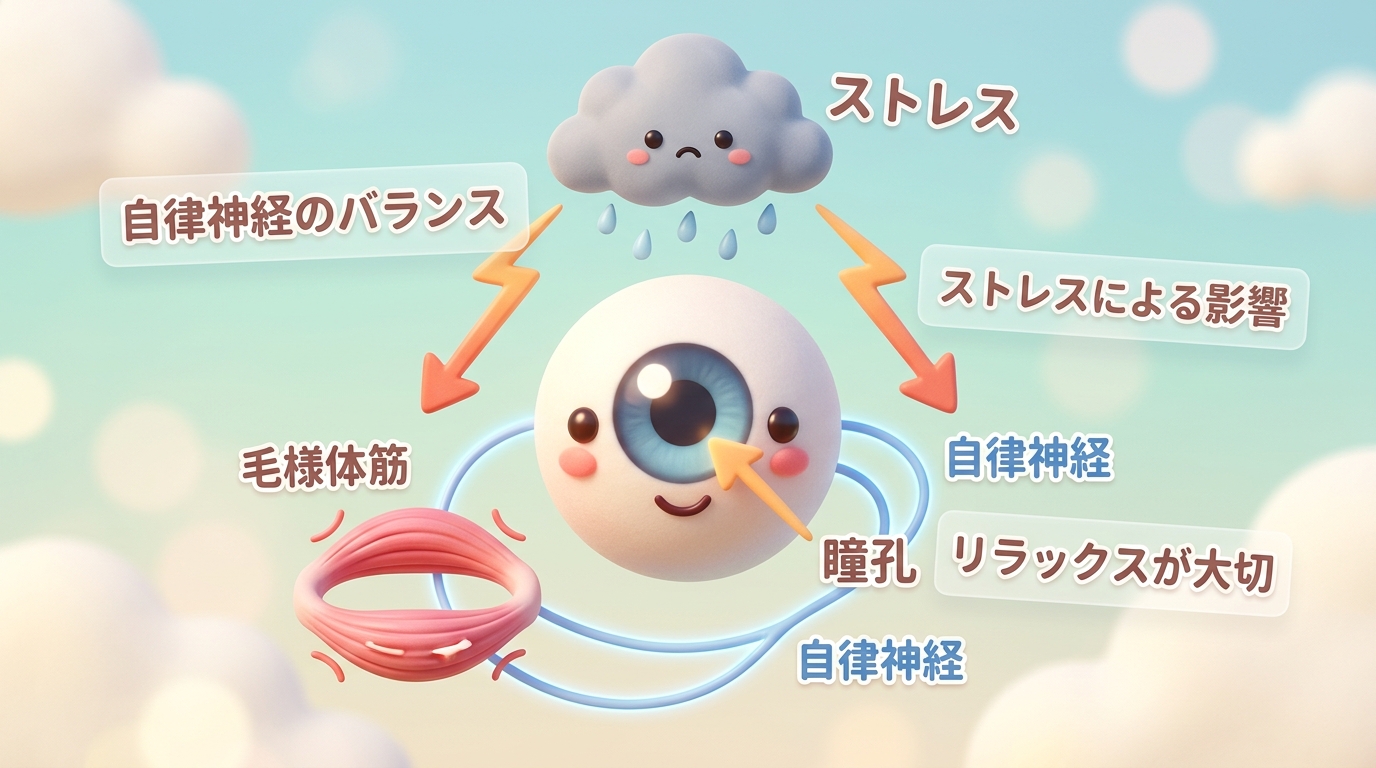 自律神経と毛様体筋の関係を解説する親しみやすい目の構造図