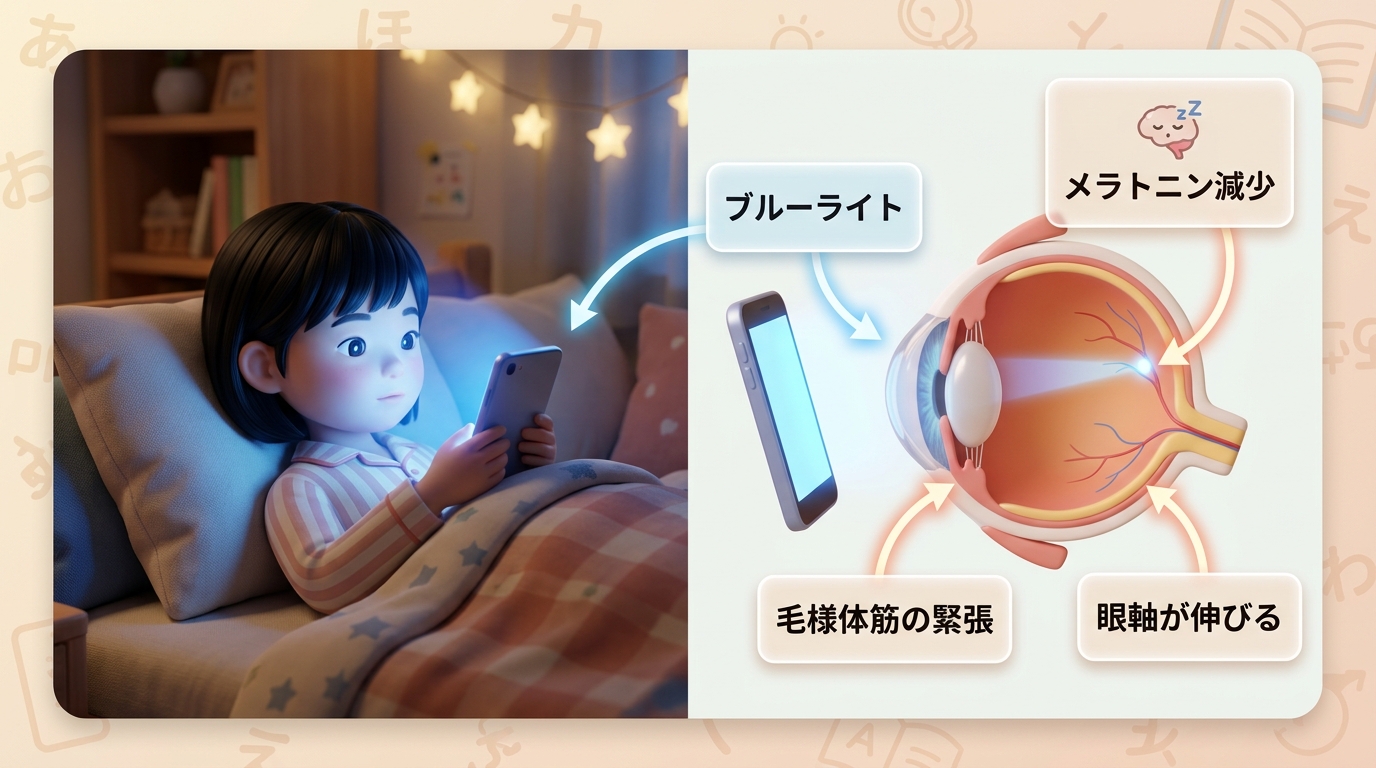 解説図:夜更かし→目への影響のメカニズム