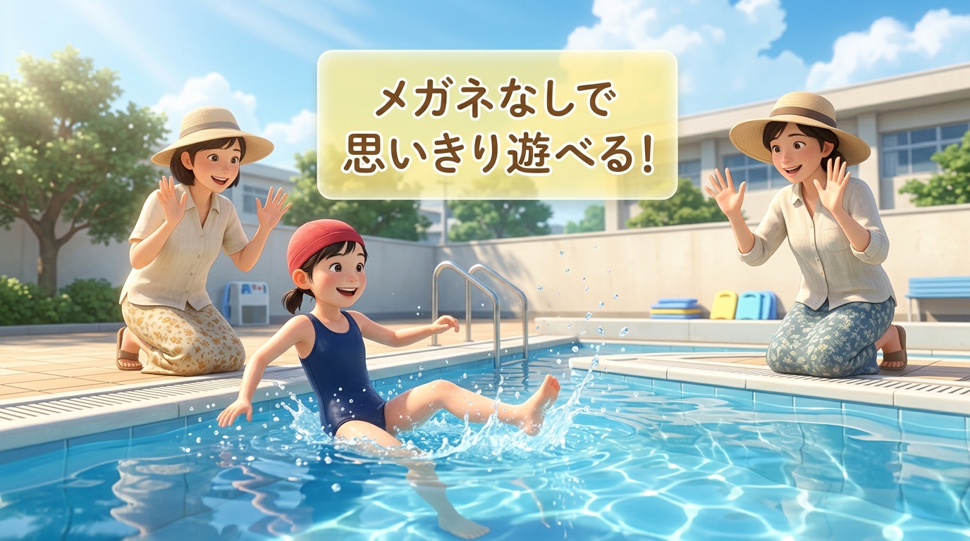 メリット紹介：プールで楽しそうに泳ぐ小学生と応援する母親