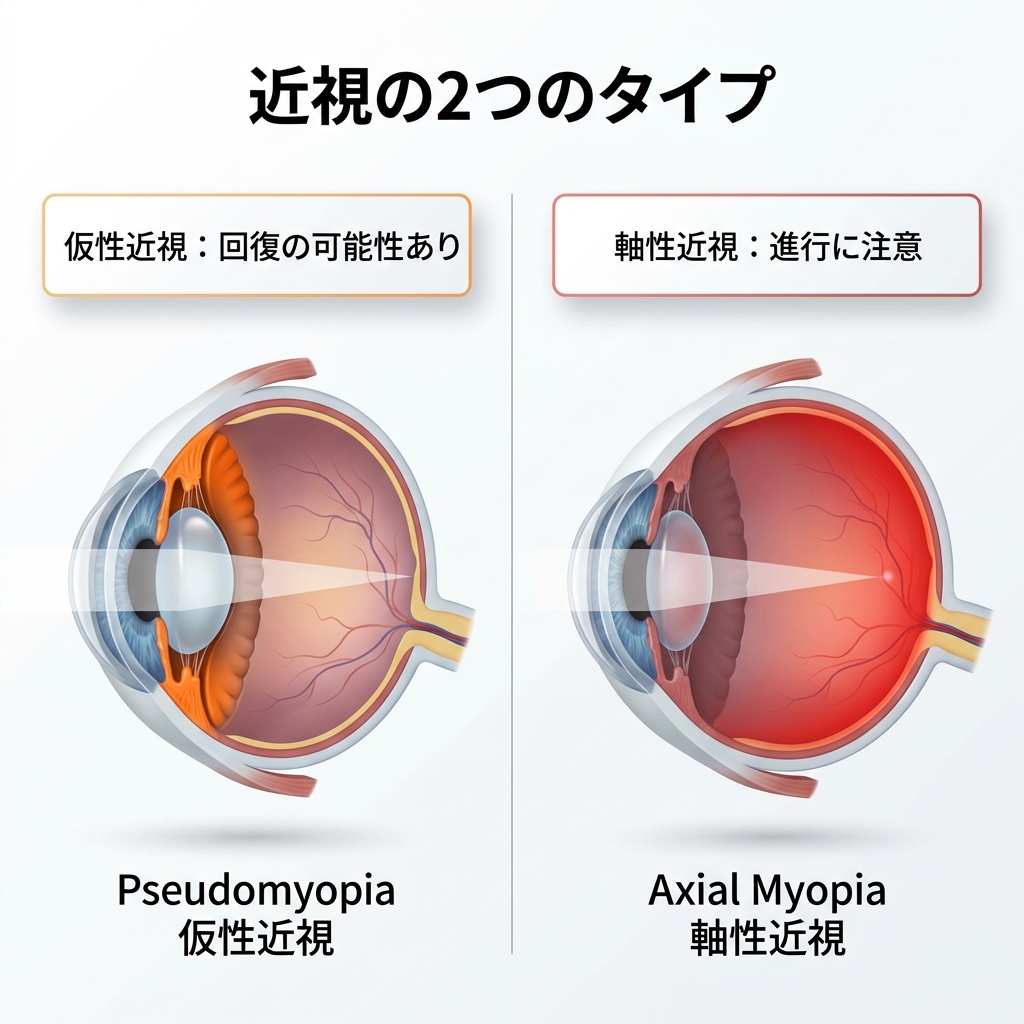 仮性近視と軸性近視の比較