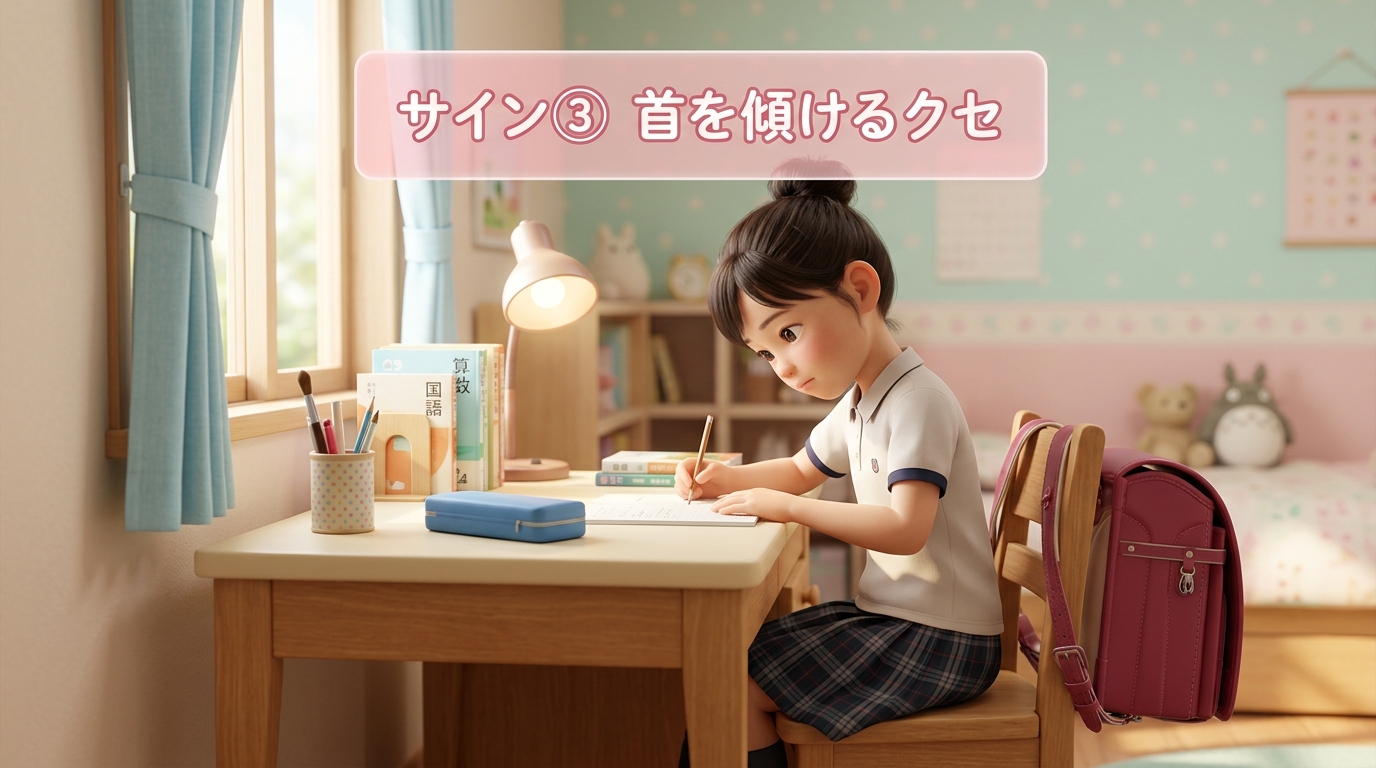 サイン③:首をかしげてノートに書く小学生のイラスト
