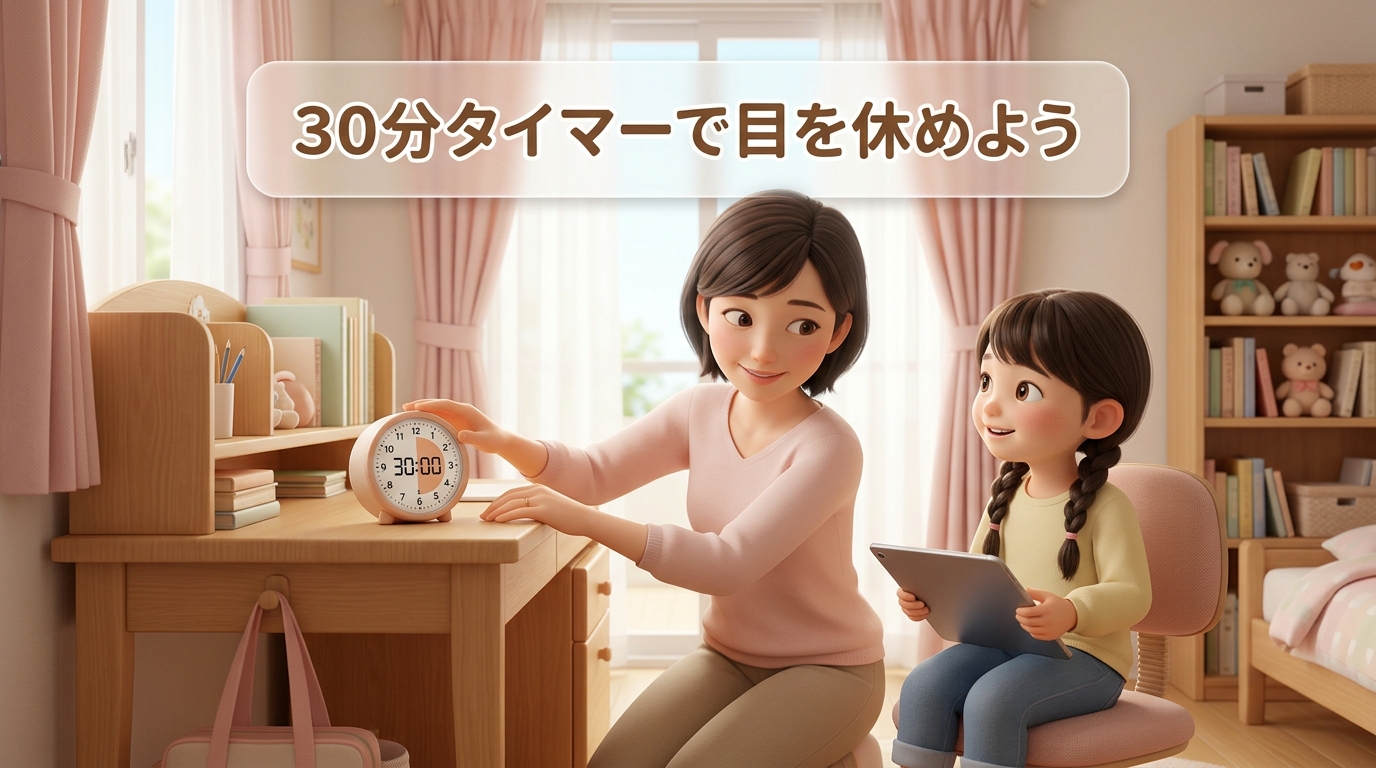 キッチンタイマーで30分ルールを実践する親子