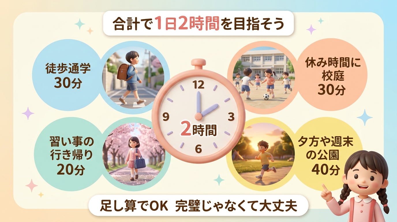 外遊びの推奨時間と日常生活への組み込み方を示すイラスト