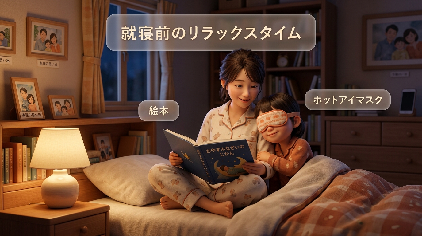 イラスト:寝る前のリラックスタイムを楽しむ親子