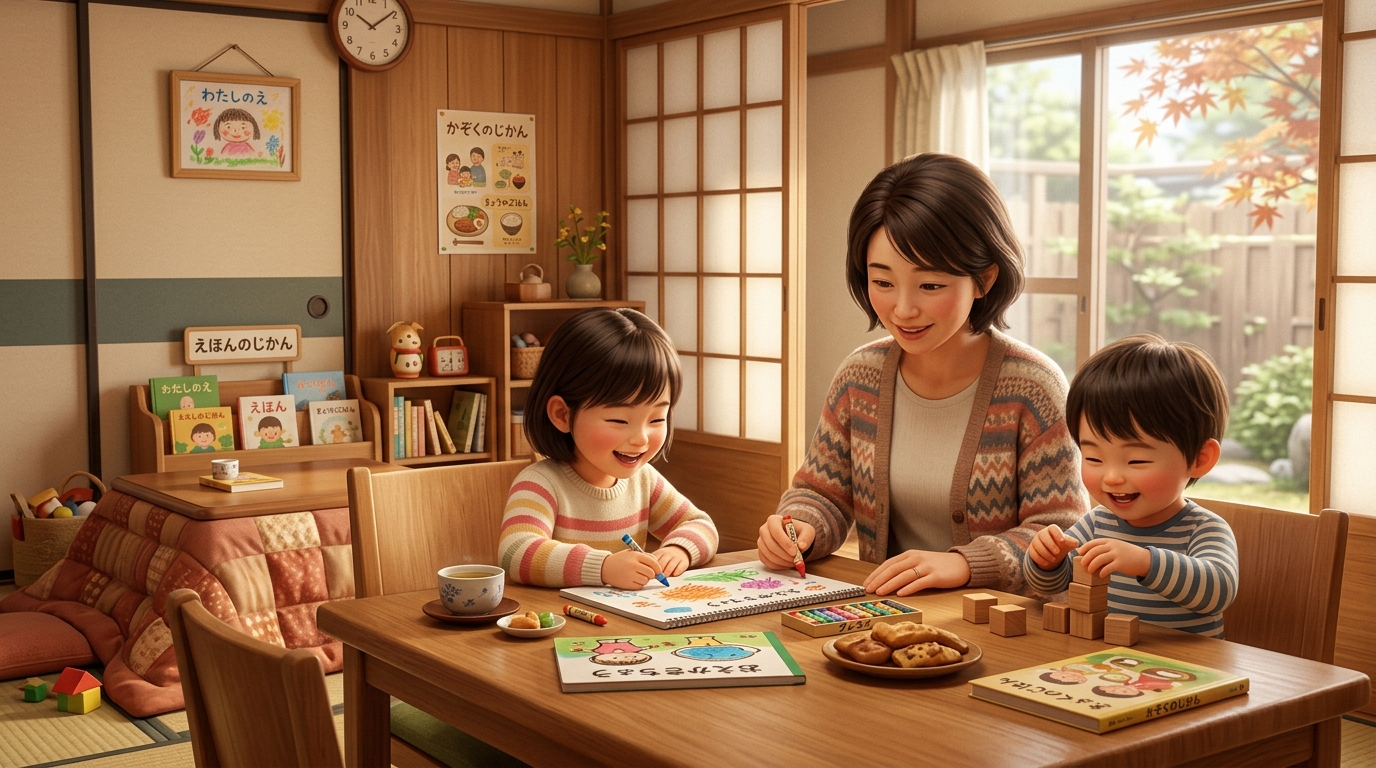 イラスト:デスクライトを正しい位置に置いて勉強する小学生と母親の図解