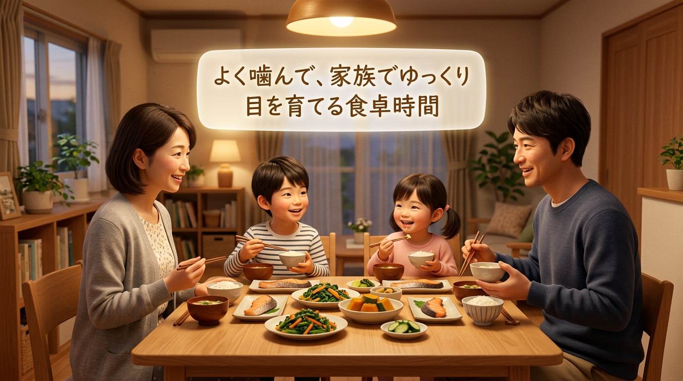 家族で食卓を囲み楽しく食事をする団らんの様子