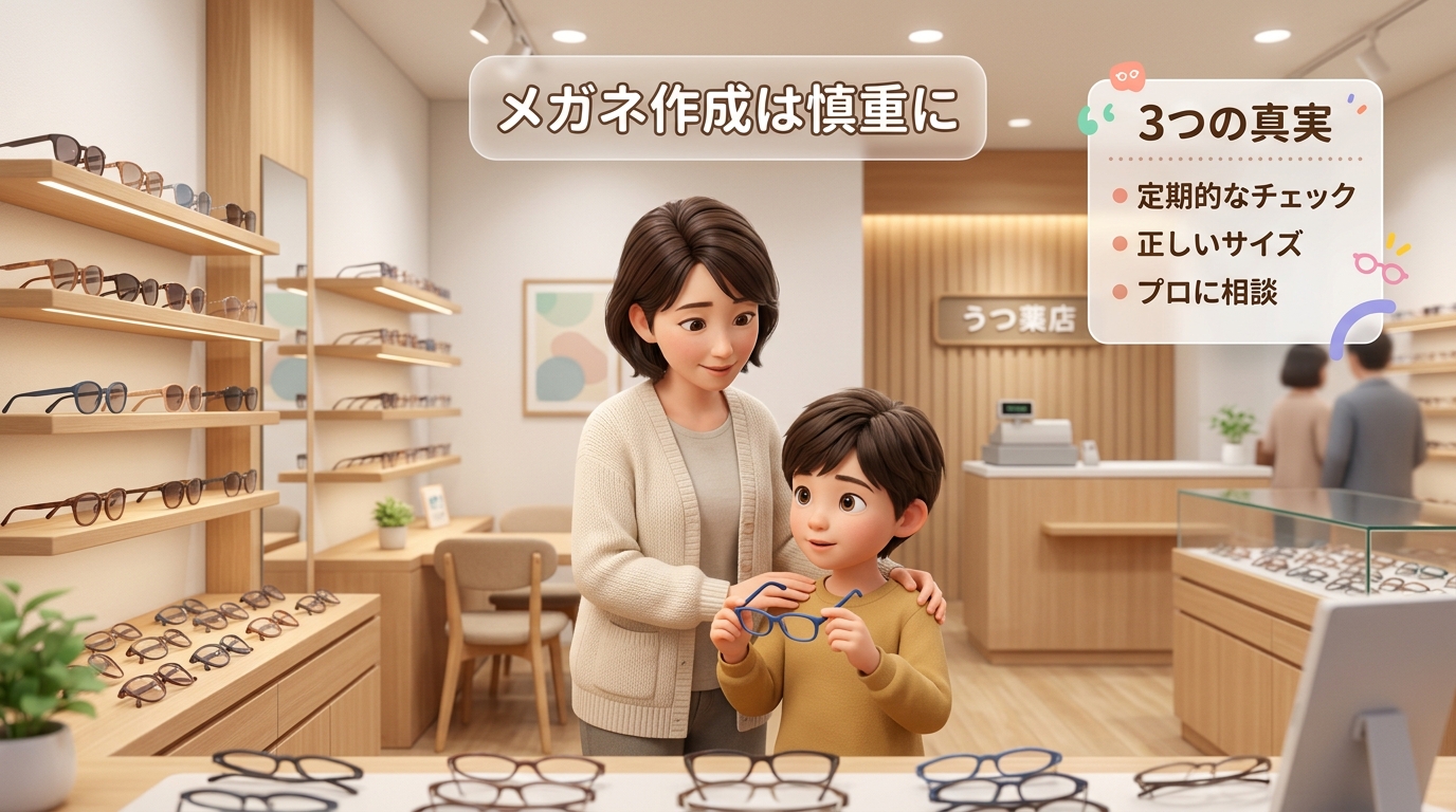 眼鏡店で慎重に検討する母親と心配そうな子どもの様子