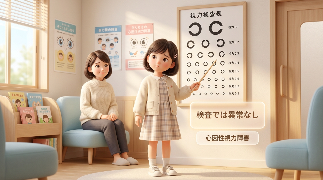視力検査表の前で困ったような表情を見せる小学生