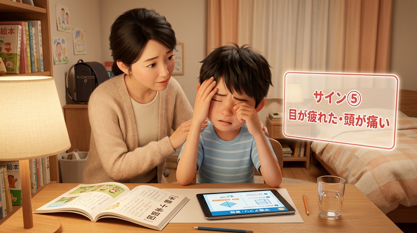 サイン⑤:目を擦りながら頭を抱える小学生