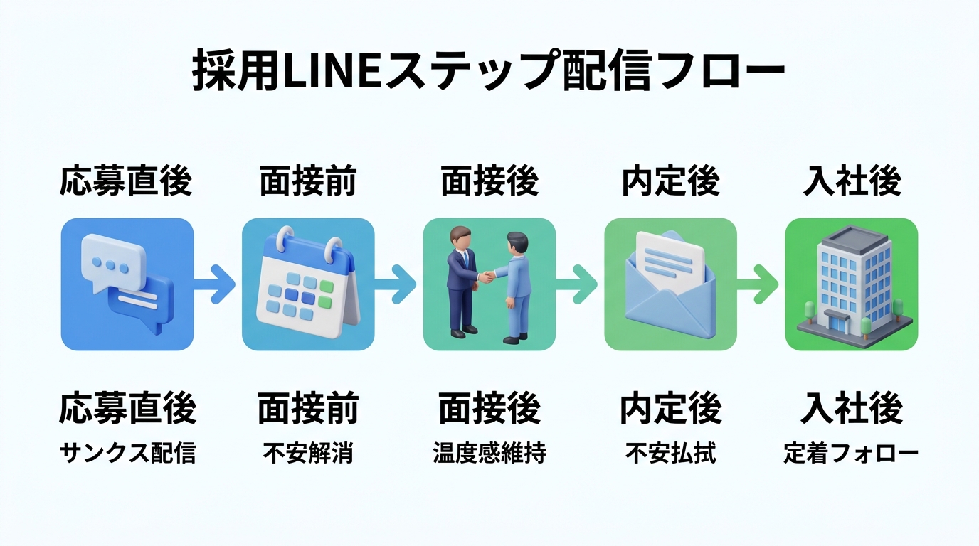 ステップ配信フロー:応募から入社後までの自動シナリオ全体像