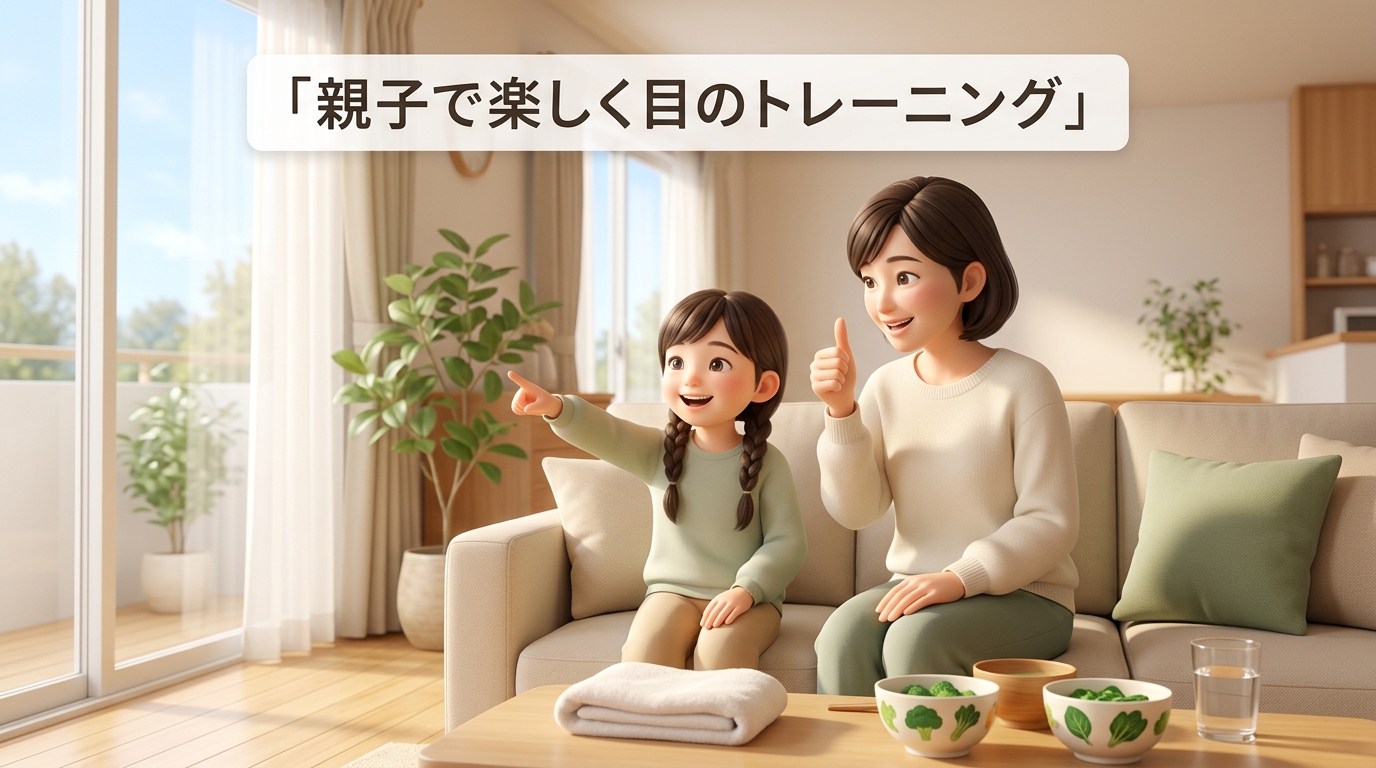 親子で目の健康習慣に取り組むリビングの様子
