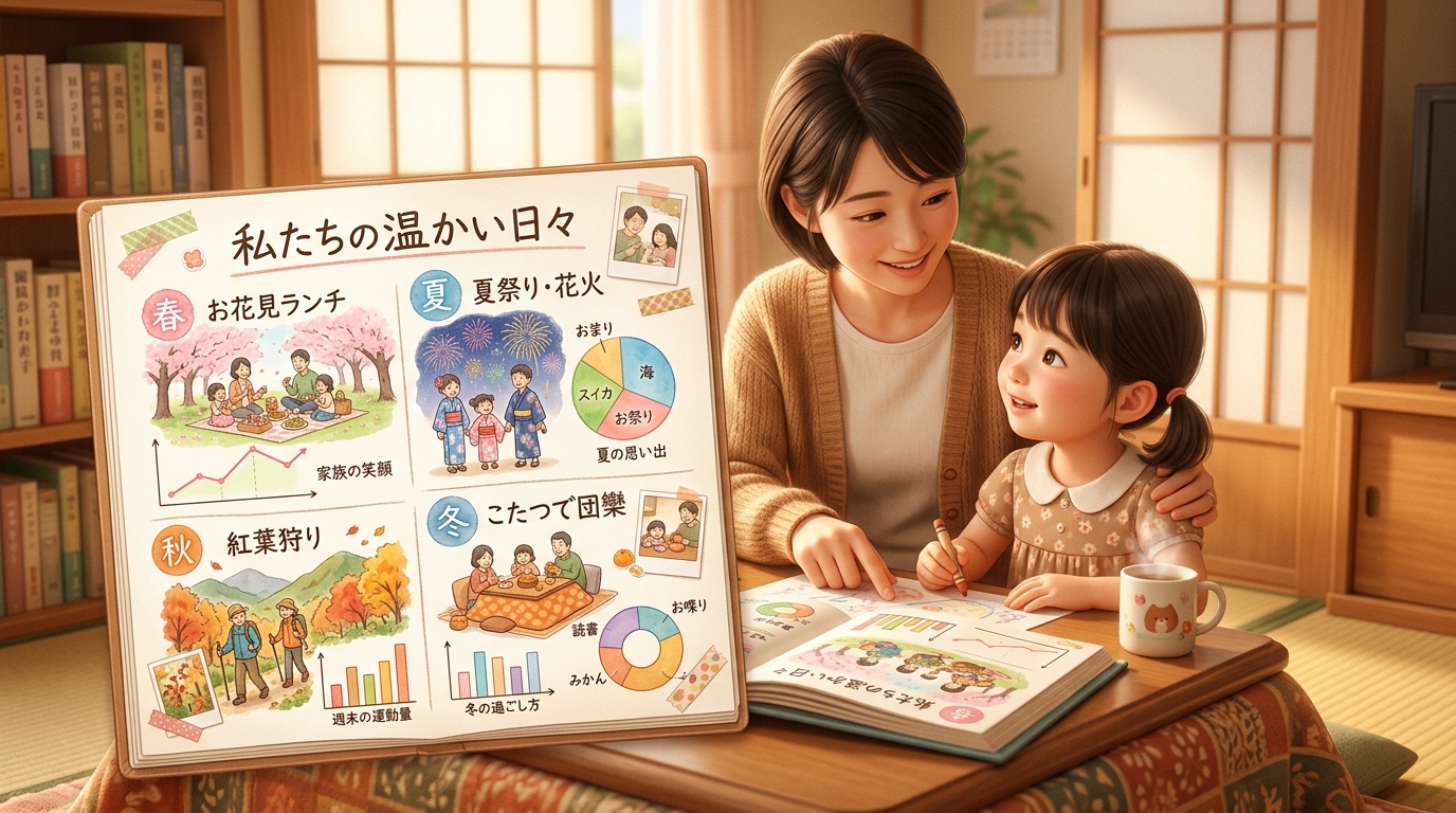 イラスト：洗面所で温かいタオルを目に当てる小学生と、横でやり方を教える母親の様子