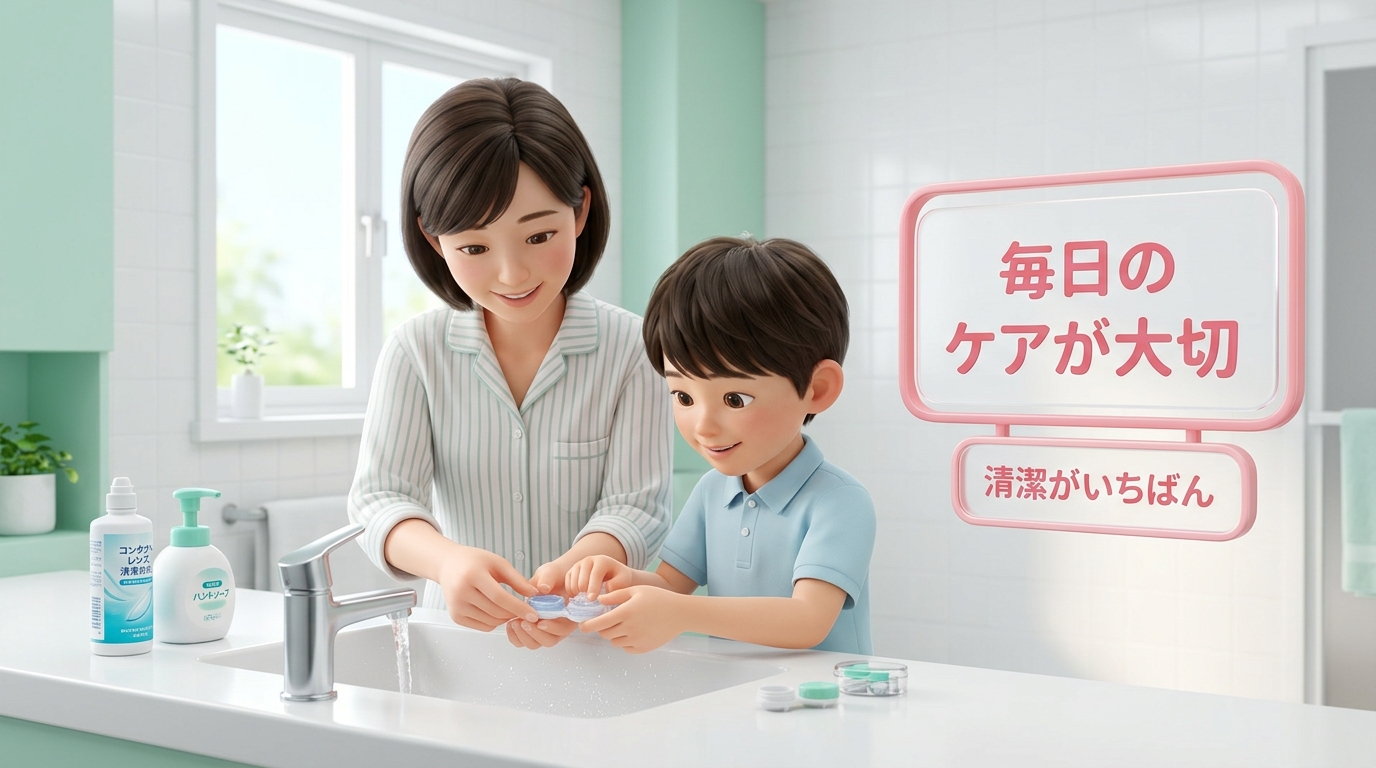 注意点：レンズケアを丁寧に行う様子と注意喚起のシーン
