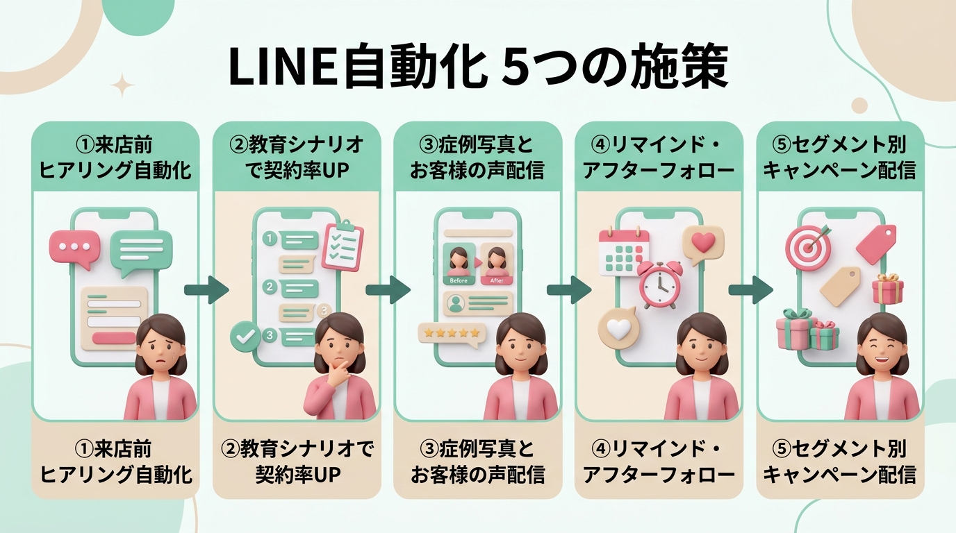 LINE自動化の5つの施策フロー図