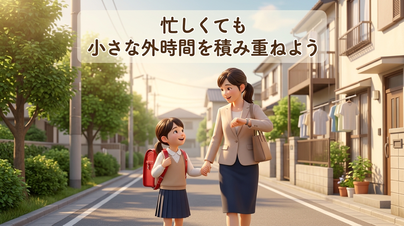 共働き家庭で工夫しながら外時間を作る親子の様子