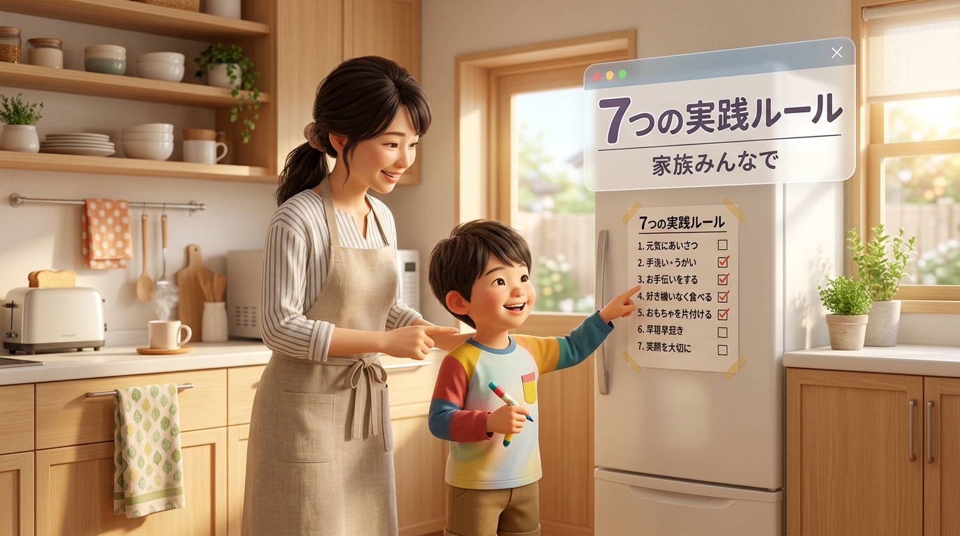 親子で実践チェックリストを確認するシーン