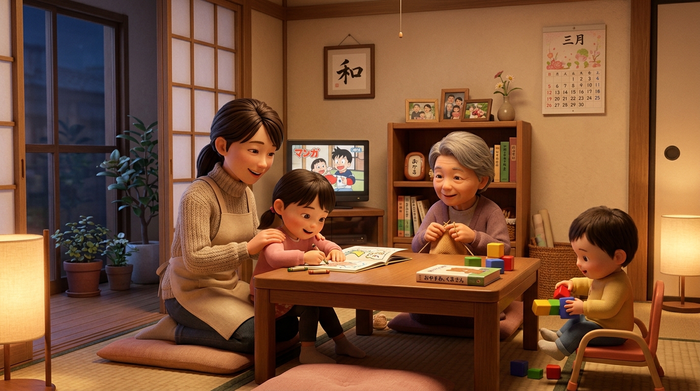 イラスト:暗い寝室でスマホを見る子どもと心配そうに見る母親