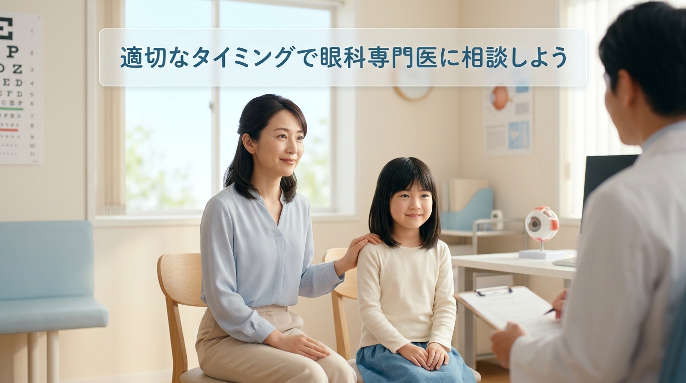 眼科で精密検査を受けながら親子で説明を聞いている様子