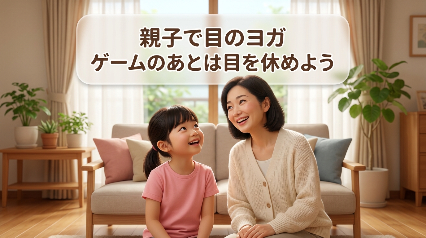 親子で目のストレッチに取り組む様子