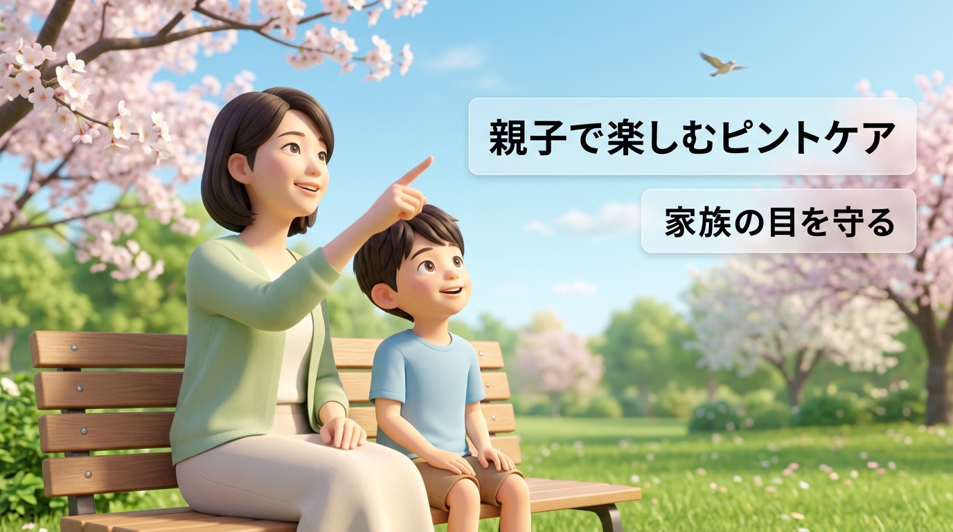 親子で遠くを見るトレーニングをするイラスト