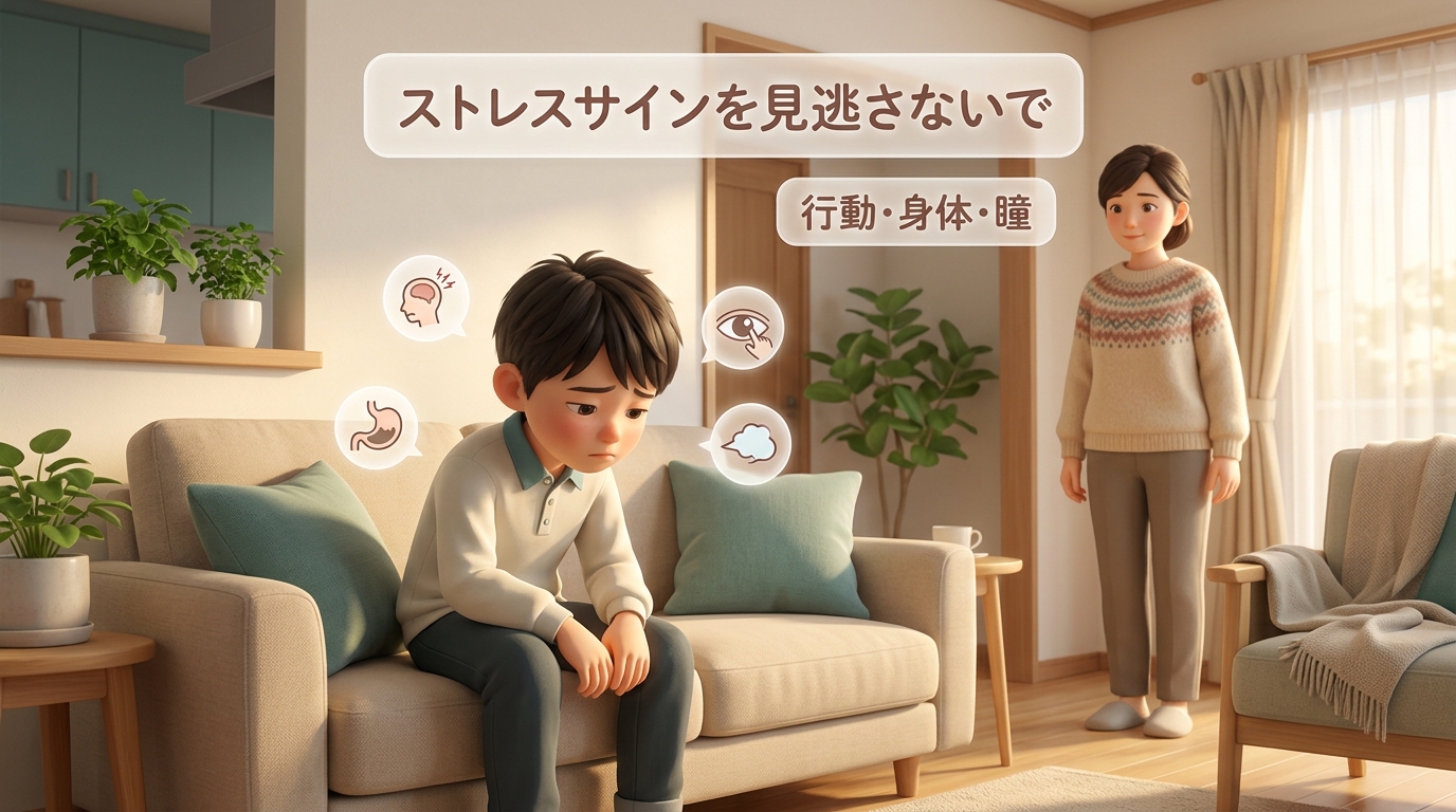 リビングでため息をつく子どもをそっと見守る母親