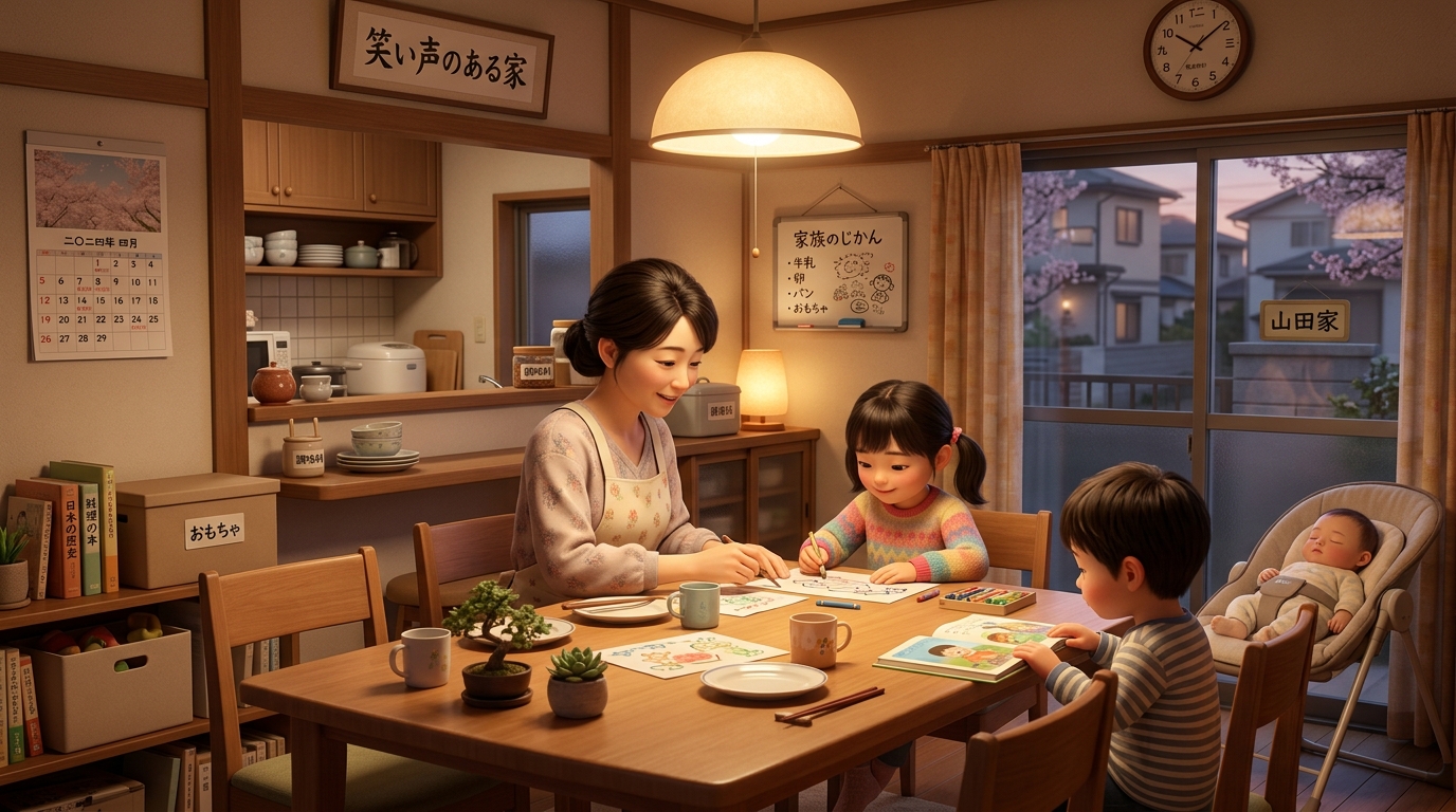 イラスト:自宅のリビングで親子で取り組む視力トレーニング