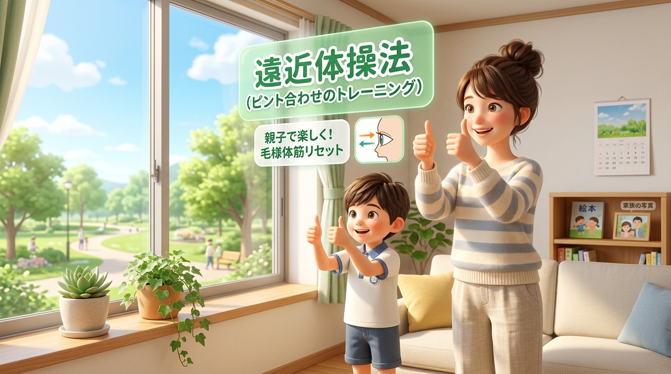 親子でリビングで楽しく目のトレーニングをする様子