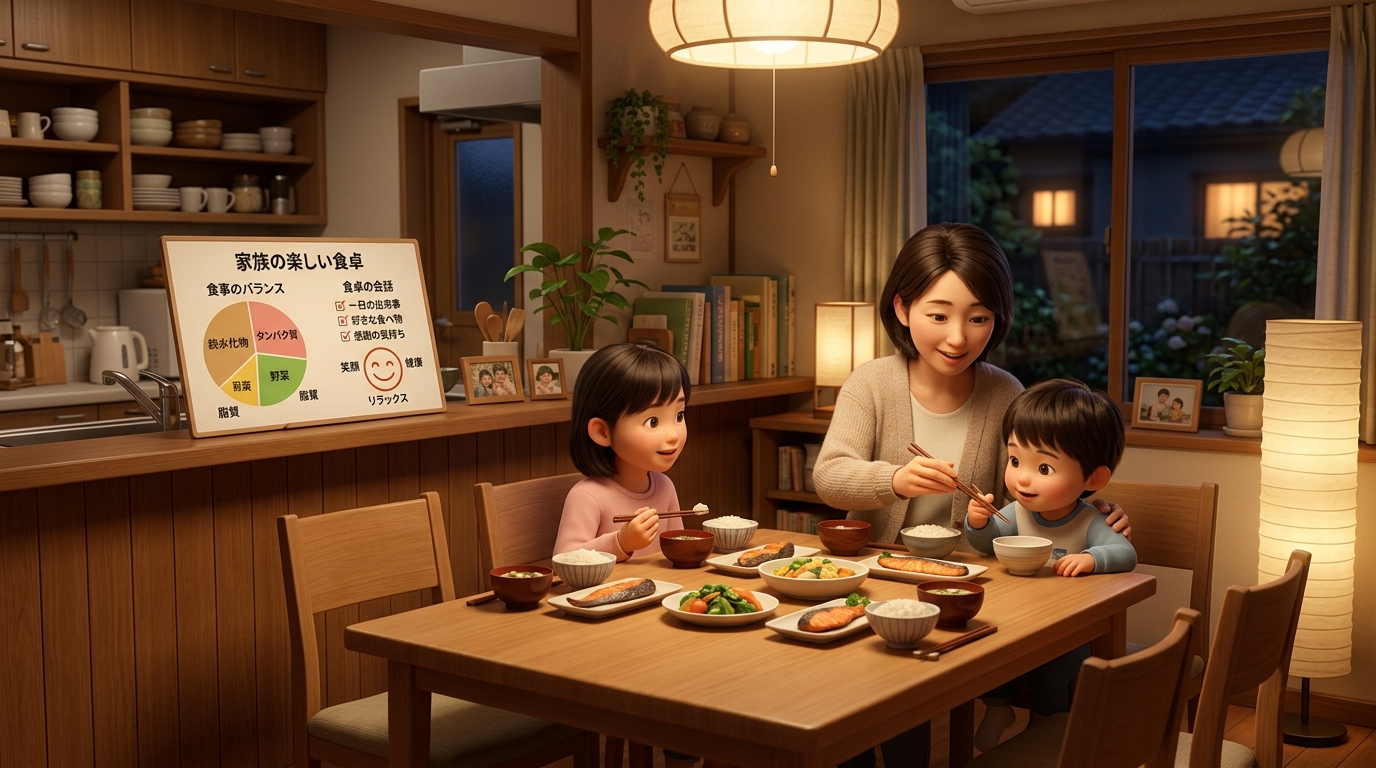 イラスト:明るく整えられた勉強机で集中して学習する子どもと笑顔で見守る母親