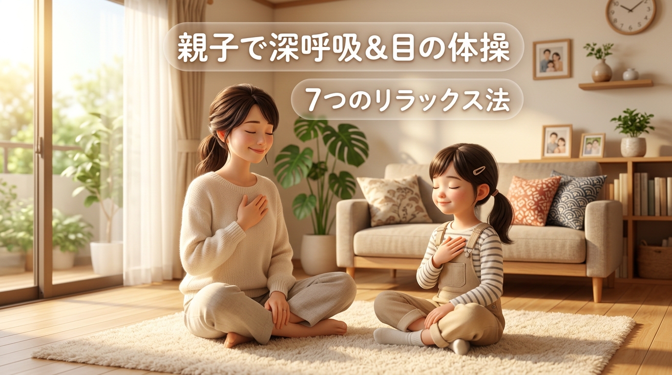 親子でリビングで深呼吸しながら目の体操をする様子