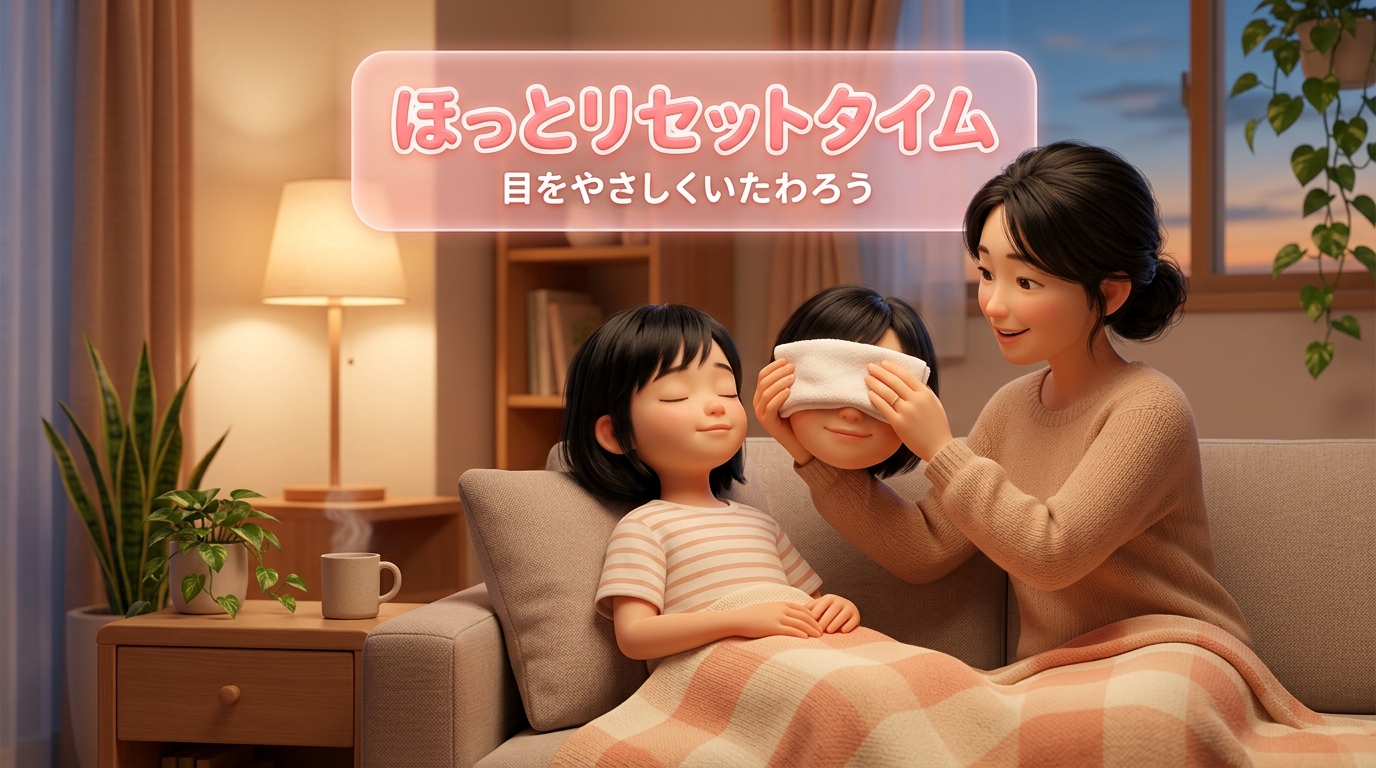 目のリセットケア:温かいタオルで目を温める親子
