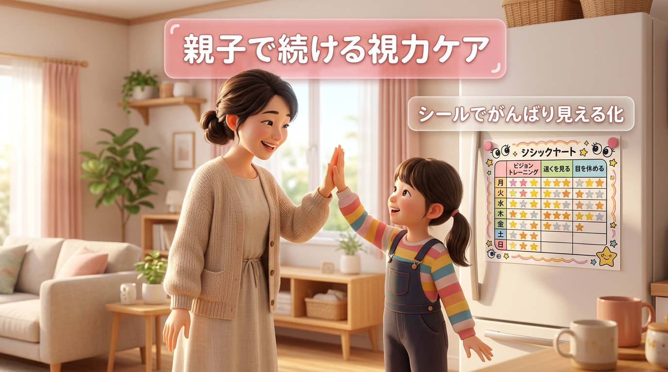 楽しそうに目のストレッチを一緒にやる親子の様子
